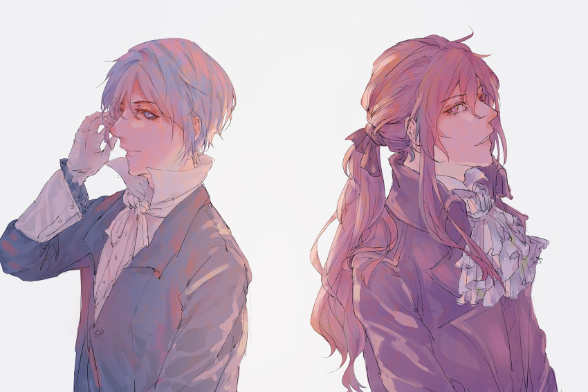 2boys back-to-back blue_eyes blue_hair blue_jacket cravat evillious_nendaiki frilled_cuffs frilled_sleeves frills hair_ribbon high_collar highres jacket kaito kamui_gakupo kaspar_blankenheim long_hair looking_to_the_side makino_chisato multiple_boys open_collar ponytail purple_eyes purple_hair purple_jacket ribbon sateriasis_venomania short_hair sidelocks vocaloid