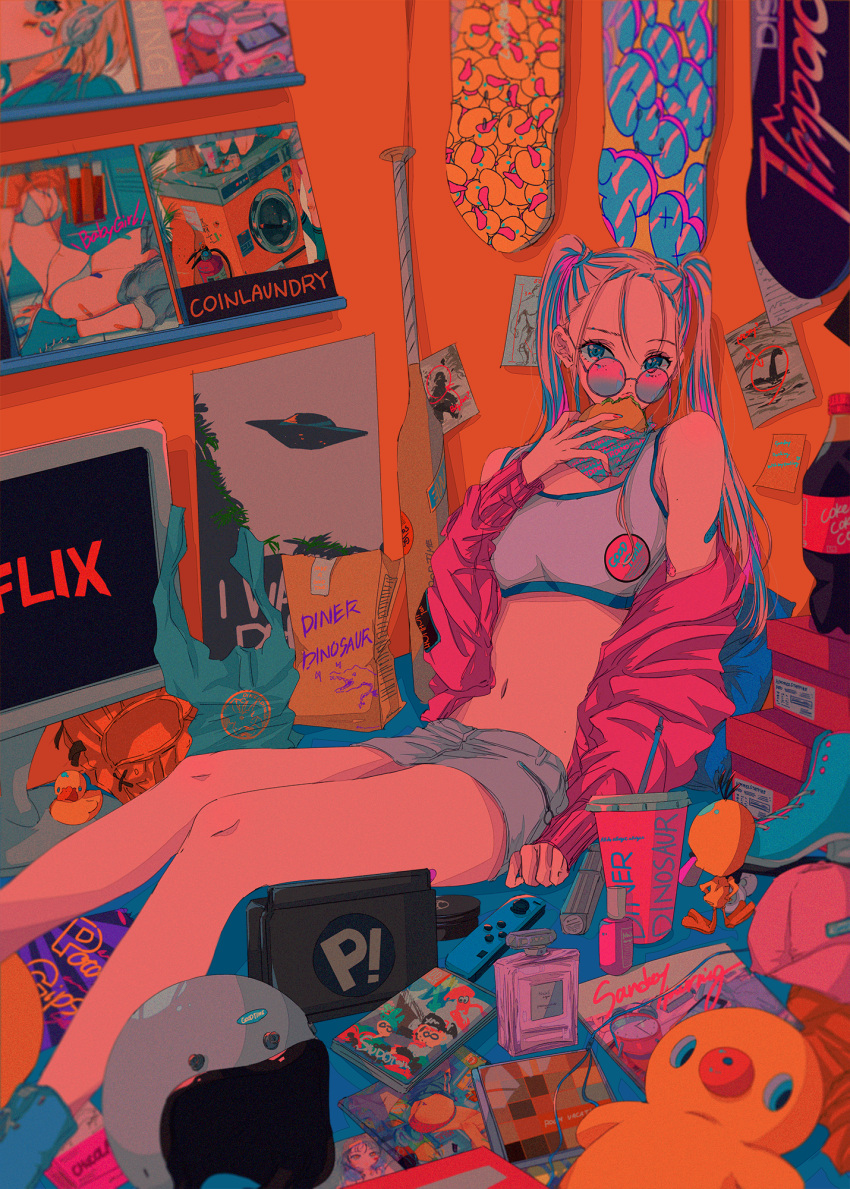 1girl aqua_hair blonde_hair cup feet_out_of_frame food grey_shorts hamburger hand_up highres jacket long_hair multicolored_hair najuco_(naju0517) navel original pink_jacket poster_(object) round_eyewear shoes shorts solo sports_bra tinted_eyewear toy white_sports_bra