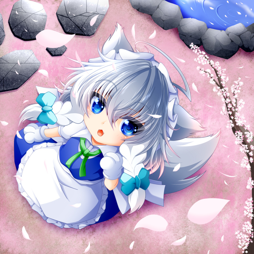 1girl :3 :d ahoge animal_ears apron blue_eyes blue_vest braid cherry_blossoms chibi commentary_request dog_ears dog_tail eyebrows_visible_through_hair fangs from_above gloves green_neckwear green_ribbon hair_between_eyes hand_up highres inu_sakuya izayoi_sakuya looking_at_viewer looking_up maid muumuu_(sirufuruteienn) open_mouth partial_commentary paw_gloves paws petals petals_on_liquid pond puffy_short_sleeves puffy_sleeves ribbon rock shirt short_hair short_sleeves silver_hair smile solo standing stepping_stones tail touhou tree_branch twin_braids vest waist_apron white_shirt