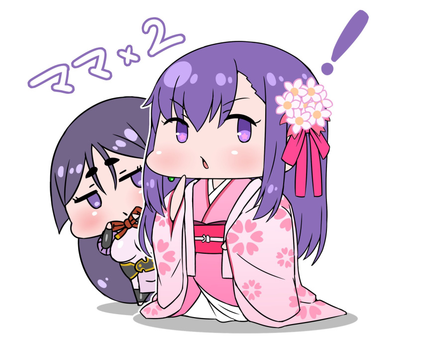 ! 2girls behind_another commentary fate/grand_order fate_(series) floral_print flower hair_flower hair_ornament hair_ribbon highres japanese_clothes kasuga_no_tsubone_(fate) kimono long_hair matou_sakura minamoto_no_raikou_(fate) multiple_girls obi parvati_(fate) pelvic_curtain pink_flower pink_kimono pink_ribbon purple_eyes purple_hair rei_(rei_rr) ribbon sash star-shaped_pupils star_(symbol) symbol-shaped_pupils translated very_long_hair