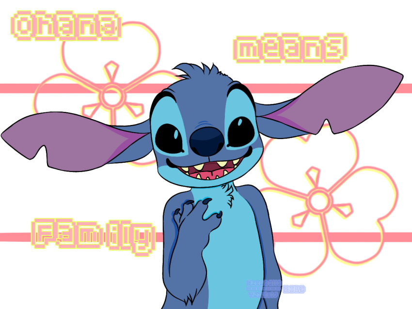 2019 4:3 4_fingers alien black_eyes blue_body blue_claws blue_fur blue_nose chest_tuft claws digital_media_(artwork) disney dreamydrift english_text experiment_(lilo_and_stitch) fingers flower fur hawaiian_text head_tuft lilo_and_stitch looking_at_viewer notched_ear open_mouth open_smile plant simple_background smile solo stitch_(lilo_and_stitch) text tuft watermark white_background