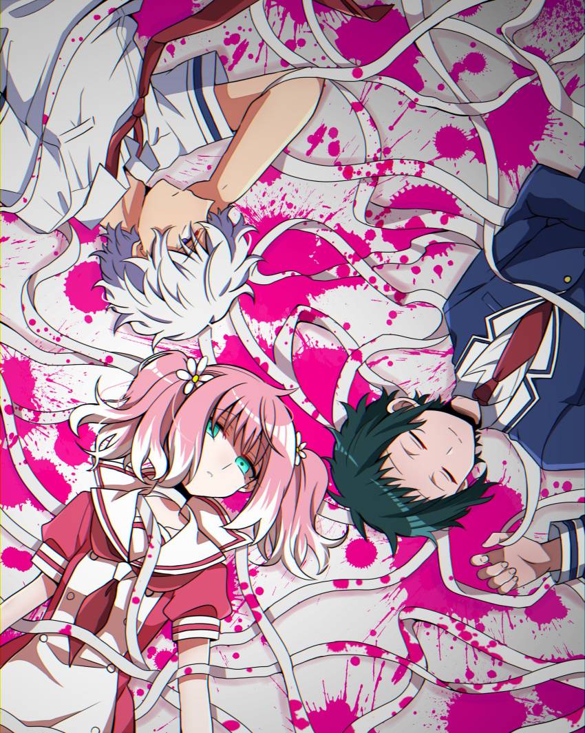 1girl 2boys bandages black_hair blood blood_splatter bloody_bandages blue_jacket buttons commentary_request empty_eyes expressionless eyebrows_visible_through_hair flower green_eyes hair_flower hair_ornament highres hiiragi_nana jacket light_smile long_sleeves looking_at_viewer lying multicolored_hair multiple_boys munou_na_nana nakajima_nanao neckerchief necktie onodera_kyouya parted_lips pink_blood pink_hair pocket purple_eyes red_neckwear red_shirt sailor_collar sanpaku school_uniform shaded_face shiny shiny_hair shirt short_sleeves smile twintails two-tone_hair upper_body wavy_hair white_flower white_hair white_sailor_collar white_shirt yukisa