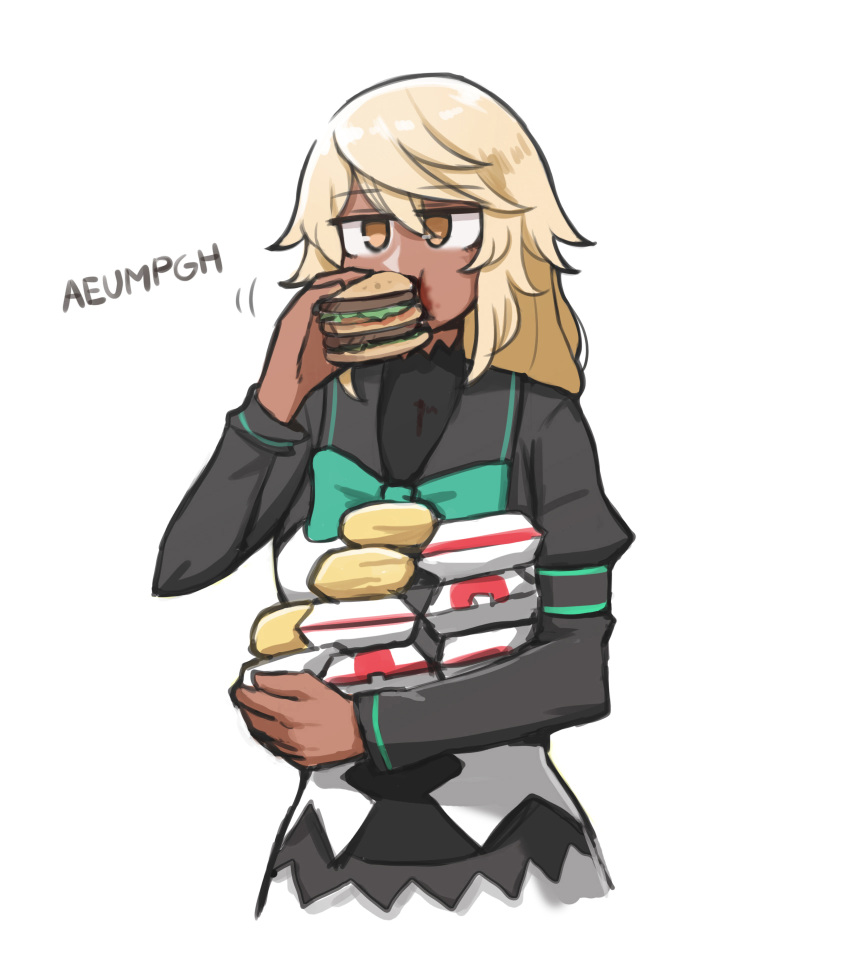 blonde_hair bow bowtie dark_skin eating english_text food guilty_gear guilty_gear_xrd hamburger highres mata_(matasoup) ramlethal_valentine simple_background tagme too_many white_background