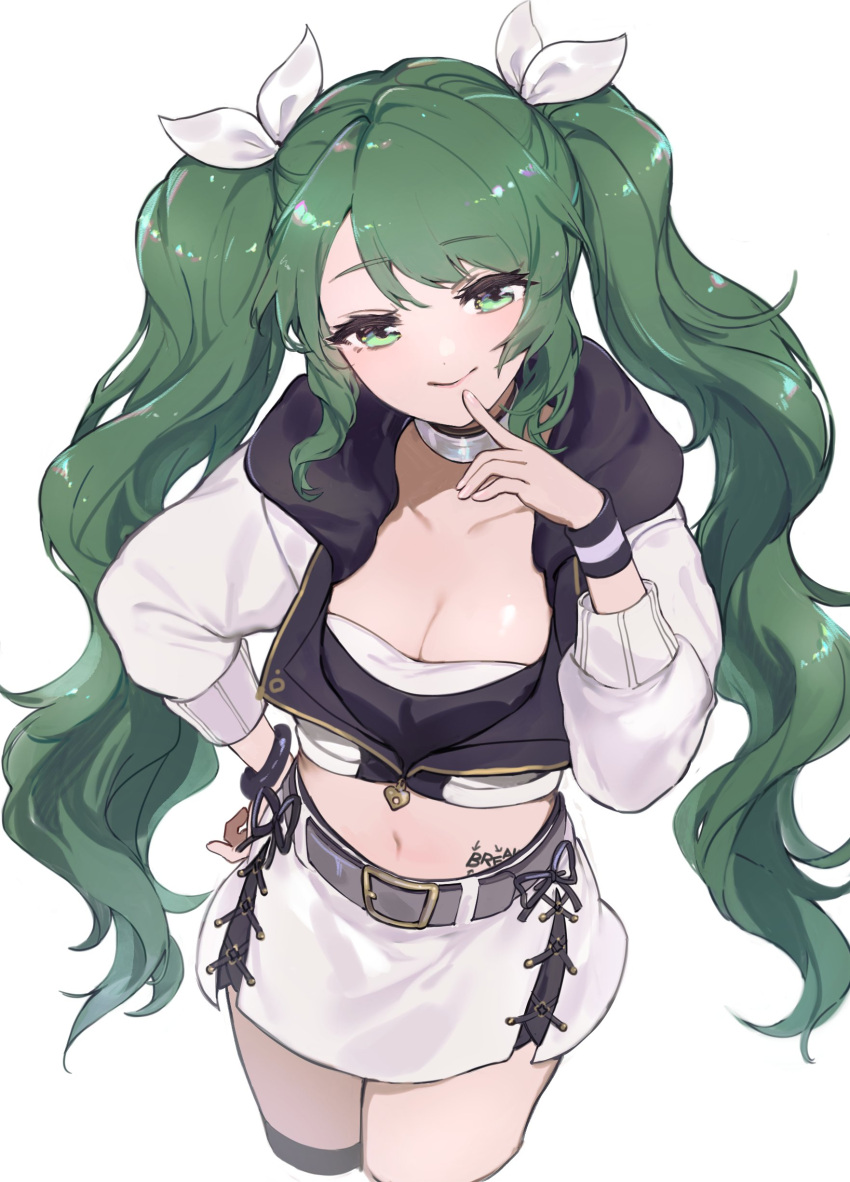 1girl absurdres bangs belt belt_buckle beltskirt blush bracelet breasts buckle choker cleavage closed_mouth contrapposto cowboy_shot crop_top cropped_legs d4dj dot_nose finger_to_mouth green_eyes green_hair hair_ribbon hand_on_hip head_tilt highres jacket jewelry long_hair long_sleeves looking_at_viewer medium_breasts navel parted_bangs ribbon shimizu_esora simple_background skirt sleeve_cuffs smile solo stomach twintails urosu_(678_ner) very_long_hair white_choker white_jacket white_skirt zipper_pull_tab