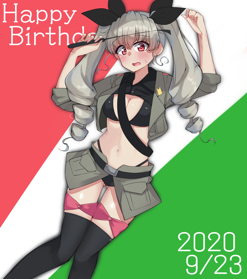 absurdres adapted_costume anchovy_(girls_und_panzer) antyobi0720 anzio_military_uniform arms_up ass_visible_through_thighs background_text bangs belt bikini bikini_under_clothes black_belt black_bikini black_legwear black_ribbon blush breasts cleavage commentary cropped_jacket dated drill_hair english_text eyebrows_visible_through_hair flag_background from_above frown girls_und_panzer green_hair grey_jacket grey_skirt hair_ribbon happy_birthday highleg highleg_bikini highres holding italian_flag jacket long_hair long_sleeves looking_at_viewer lying medium_hair miniskirt navel on_back open_clothes open_jacket open_mouth red_eyes ribbon riding_crop sam_browne_belt skindentation skirt sleeves_rolled_up sweatdrop swimsuit thigh_gap thigh_strap thighhighs twin_drills twintails