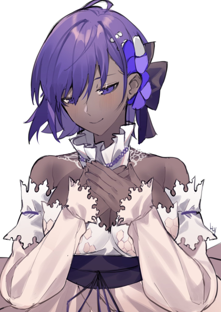 1girl bangs bare_shoulders black_bow bow breasts cleavage closed_mouth collar covering_mouth dark_skin dark_skinned_female detached_collar detached_sleeves dress fate/grand_order fate/prototype fate/prototype:_fragments_of_blue_and_silver fate_(series) frilled_collar frills hair_between_eyes hair_bow hair_ornament hairclip hassan_of_serenity_(fate) highres lilycious purple_eyes purple_hair purple_ribbon ribbon short_hair simple_background smile solo white_background white_collar white_dress