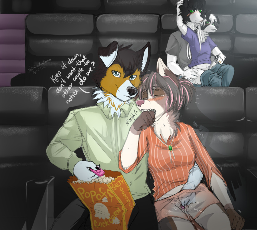 alyssa_kintana anthro biting_hand blue_eyes blush bodily_fluids border_collie bottomwear canid canine canis chase_(askim_shepherd) clothed clothing collie cuddling daughter detailed_background digit_ring digital_media_(artwork) domestic_dog ejaculation father father_and_child father_and_daughter female fingering fur genital_fluids genitals green_eyes group hair herding_dog heterochromia jewelry lobadelaluna male mammal mixed_breed on_lap open_mouth parent parent_and_child pastoral_dog pussy pussy_ejaculation pussy_juice ring rorick_kintana rough_collie sebastian_(askim_shepherd) sex_toy shaking sheepdog sitting_on_lap skirt smile_grinding tears tears_of_pleasure teenager theater topwear trembling vibrator wedding_ring welsh_corgi young