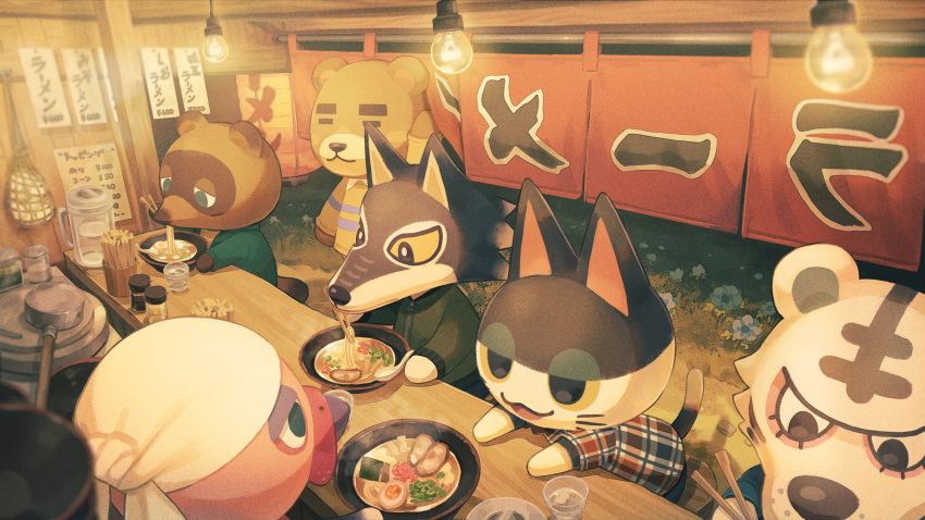 6+boys =_= animal_crossing arm_up bandana bear black_eyes cat chopsticks closed_eyes colored_sclera commentary_request counter cup drinking_glass eating food food_stand franklin_(animal_crossing) green_eyes green_jacket half-closed_eyes hanging_light highres holding holding_chopsticks hood hooded_jacket jacket lantern light_bulb lobo_(animal_crossing) male_focus multiple_boys night no_humans noodles noren paper_lantern pitcher plaid plaid_shirt punchy_(animal_crossing) ramen rolf_(animal_crossing) saino shirt spoon sweater symbol_commentary tanuki teddy_(animal_crossing) tiger tom_nook_(animal_crossing) turkey water wolf yatai yellow_sclera yellow_sweater