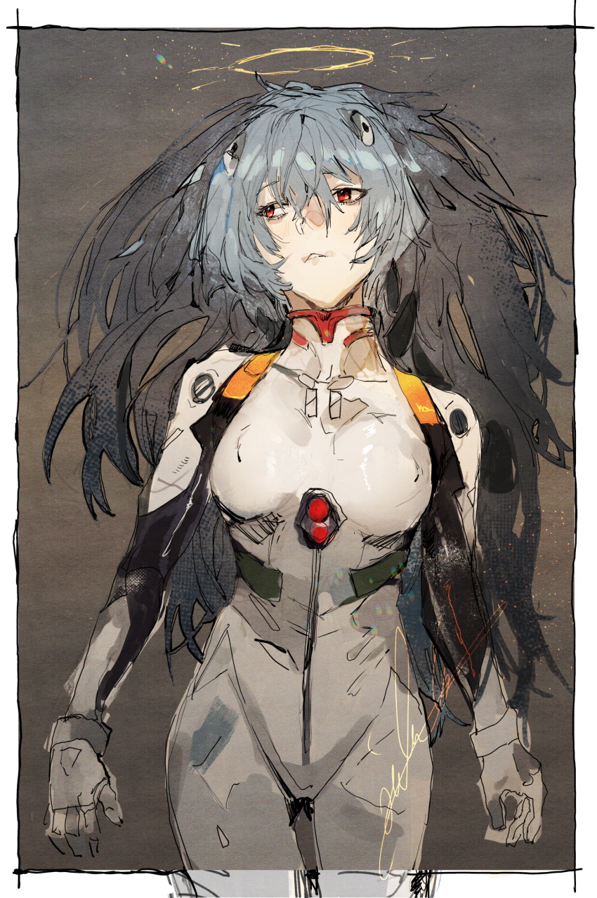 :&lt; ass_visible_through_thighs ayanami_rei blue_hair covered_nipples halo highres hiranko long_hair looking_to_the_side neon_genesis_evangelion pale_skin plugsuit red_eyes thigh_gap
