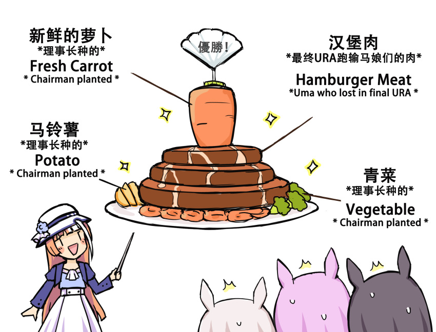 4girls :d ^^^ akikawa_yayoi_(umamusume) animal_ears ascot bilingual blue_jacket blue_shirt blush brown_hair carrot character_request commentary_request cropped_jacket english_text facing_away food greenteaneko hat highres holding horse_ears jacket juliet_sleeves long_hair long_sleeves meat mejiro_mcqueen_(umamusume) multiple_girls open_mouth plate potato puffy_sleeves shirt simple_background skirt smile sparkle sweat umamusume very_long_hair white_background white_headwear white_neckwear white_skirt |_|