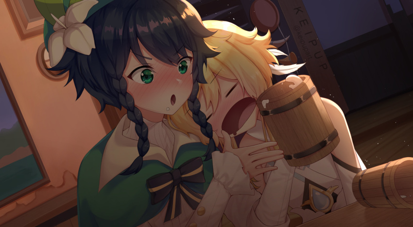 1boy 1girl :o alcohol bard bare_shoulders beer beer_mug blonde_hair blue_hair blush bow bowtie braid closed_eyes cup dress drink drinking drunk frilled_sleeves frills genshin_impact green_eyes hat head_on_another's_shoulder highres indoors keipup long_sleeves lumine_(genshin_impact) mug nervous open_mouth otoko_no_ko sitting sleeping table tavern twin_braids venti_(genshin_impact)