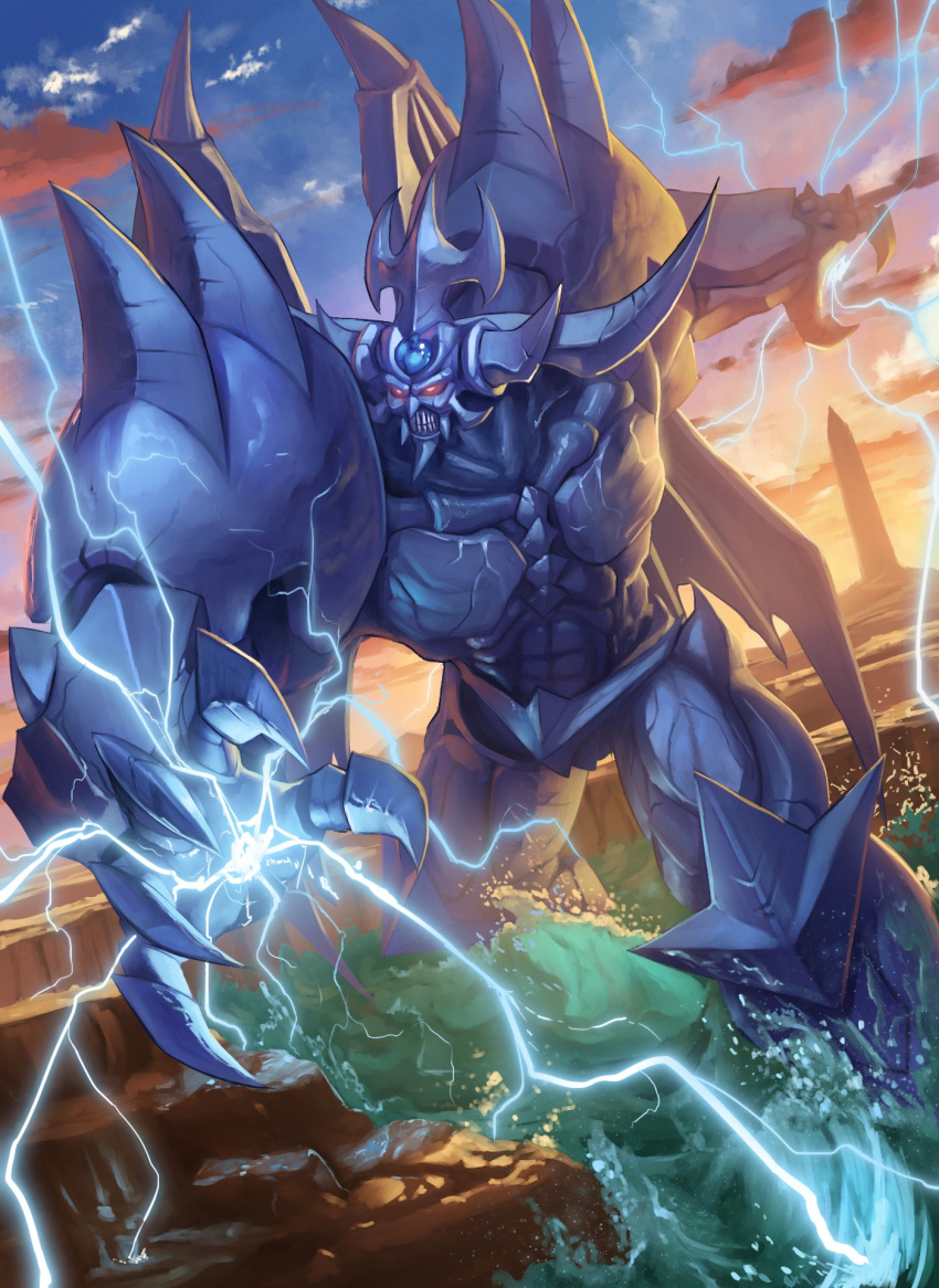 clenched_teeth cloud commentary_request duel_monster electricity highres leaning_forward legs_apart obelisk_the_tormentor outdoors red_eyes rock sky solo spareribs spire standing teeth twilight wading water yu-gi-oh!