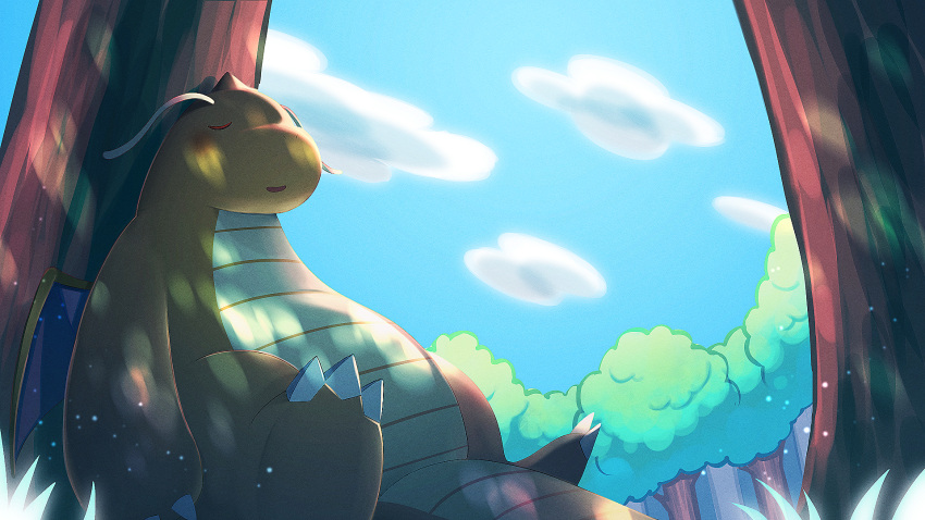 against_tree blush claws closed_eyes cloud commentary day dragonite emuenuon from_below gen_1_pokemon grass highres no_humans outdoors pokemon pokemon_(creature) sky sleeping solo tree