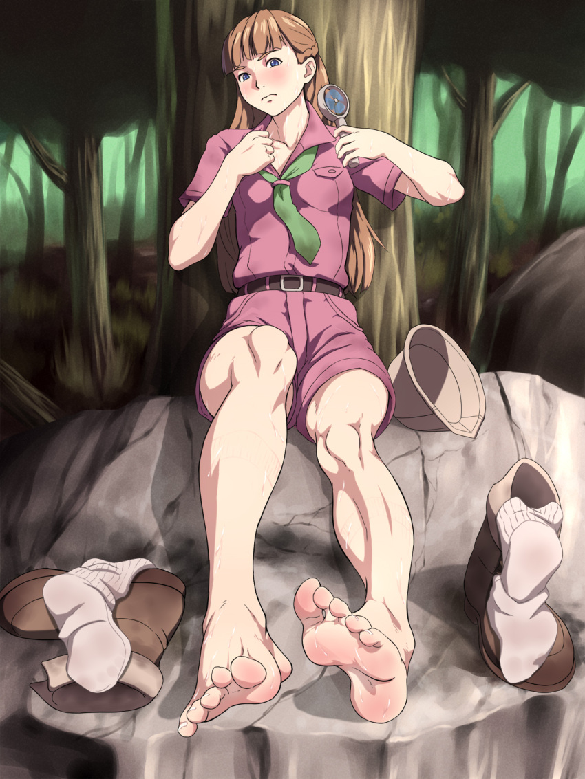 1girl bare_legs barefoot belt blue_eyes boots boots_removed brown_hair feet full_body green_neckwear gundam hat highres legs long_hair looking_at_viewer maku_(l-u) necktie relena_peacecraft shorts sitting socks socks_removed soles thighhighs toes