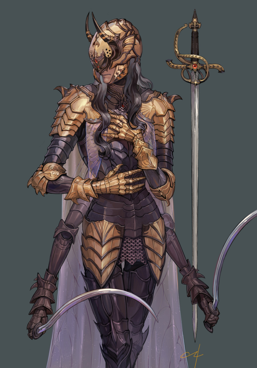 1boy arm_guards armor breastplate cape closed_mouth covered_eyes extra_arms fantasy faulds feet_out_of_frame full_armor gauntlets gem gold_armor greaves grey_background hands_on_own_chest helmet highres holding holding_weapon horns leg_armor long_hair looking_to_the_side male_focus nishiki_areku original rapier scale_armor see-through shin_guards shotel shoulder_armor silver_hair simple_background solo spaulders standing sword vambraces visor_(armor) weapon