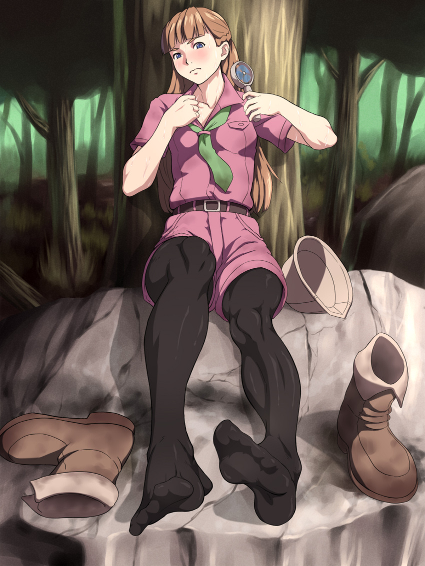 1girl belt black_legwear blue_eyes boots boots_removed brown_hair feet full_body green_neckwear gundam hat highres legs long_hair looking_at_viewer maku_(l-u) necktie pantyhose relena_peacecraft shorts sitting socks soles thighhighs toes