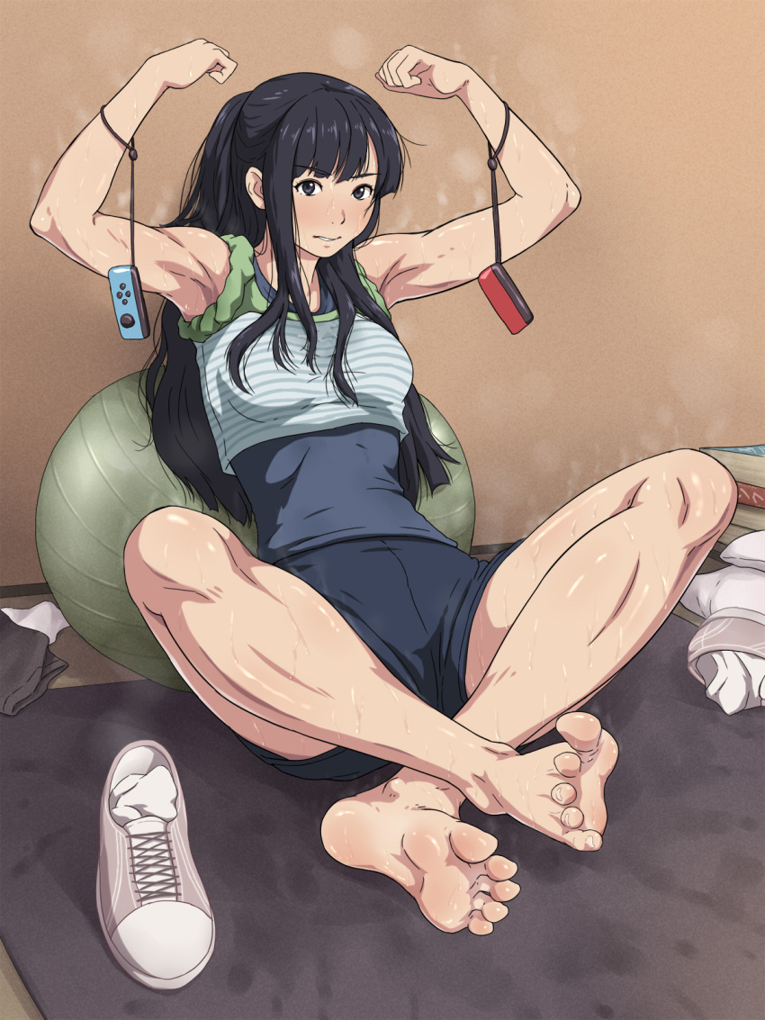 1girl armpits arms_up bare_arms bare_legs bare_shoulders barefoot black_eyes black_hair blue_shorts crossed_legs feet full_body gym_shorts highres legs long_hair looking_at_viewer maku_(l-u) original shoes shoes_removed shorts sitting sneakers socks soles tank_top toes toned