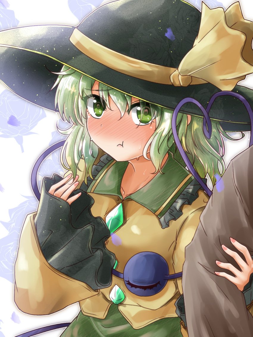 1girl :t blush collared_shirt commentary_request floral_background floral_print frilled_shirt_collar frills green_eyes green_hair hat hat_ribbon heart heart_of_string highres holding_another's_arm komeiji_koishi oshiaki ribbon shirt third_eye touhou wide_sleeves yellow_ribbon yellow_shirt