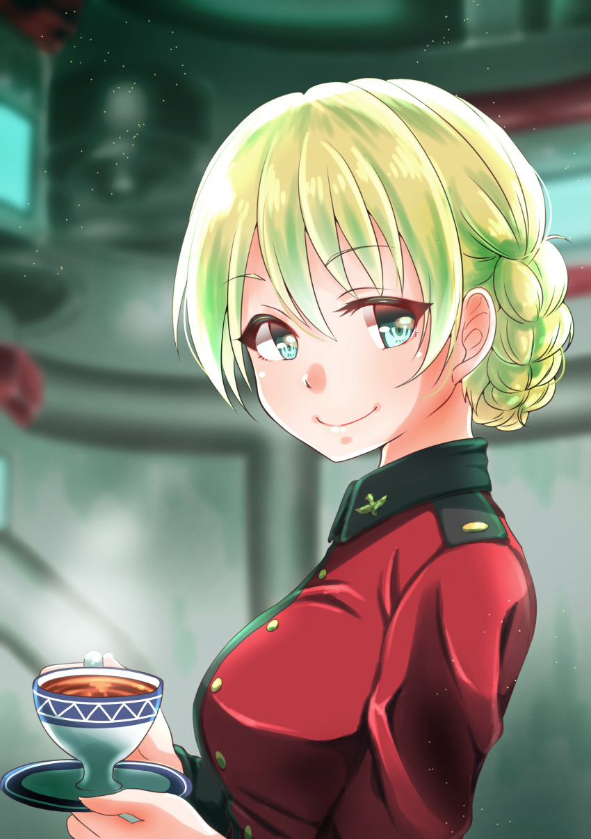 1girl absurdres bangs blonde_hair blue_eyes blurry blurry_background braid closed_mouth commentary cup darjeeling_(girls_und_panzer) epaulettes eyebrows_visible_through_hair from_side girls_und_panzer highres holding holding_cup holding_saucer insignia jacket kobayashi_nyoromichi long_sleeves looking_at_viewer military military_uniform red_jacket saucer short_hair smile solo st._gloriana's_military_uniform tank_interior teacup tied_hair uniform