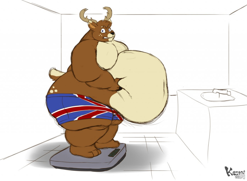 3_toes anthro antlers bathroom belly belly_grab big_belly big_butt british_flag brown_body brown_fur butt cervid clothed clothing cream_belly cream_tail faucet feet fur horn hyper hyper_belly kazecat lifting_belly looking_at_viewer male mammal moobs morbidly_obese morbidly_obese_anthro morbidly_obese_male navel obese obese_anthro obese_male overweight overweight_anthro overweight_male partially_clothed scale_(device) simple_background sink solo spots_(marking) stomach_grab thick_thighs toes wide_eyed