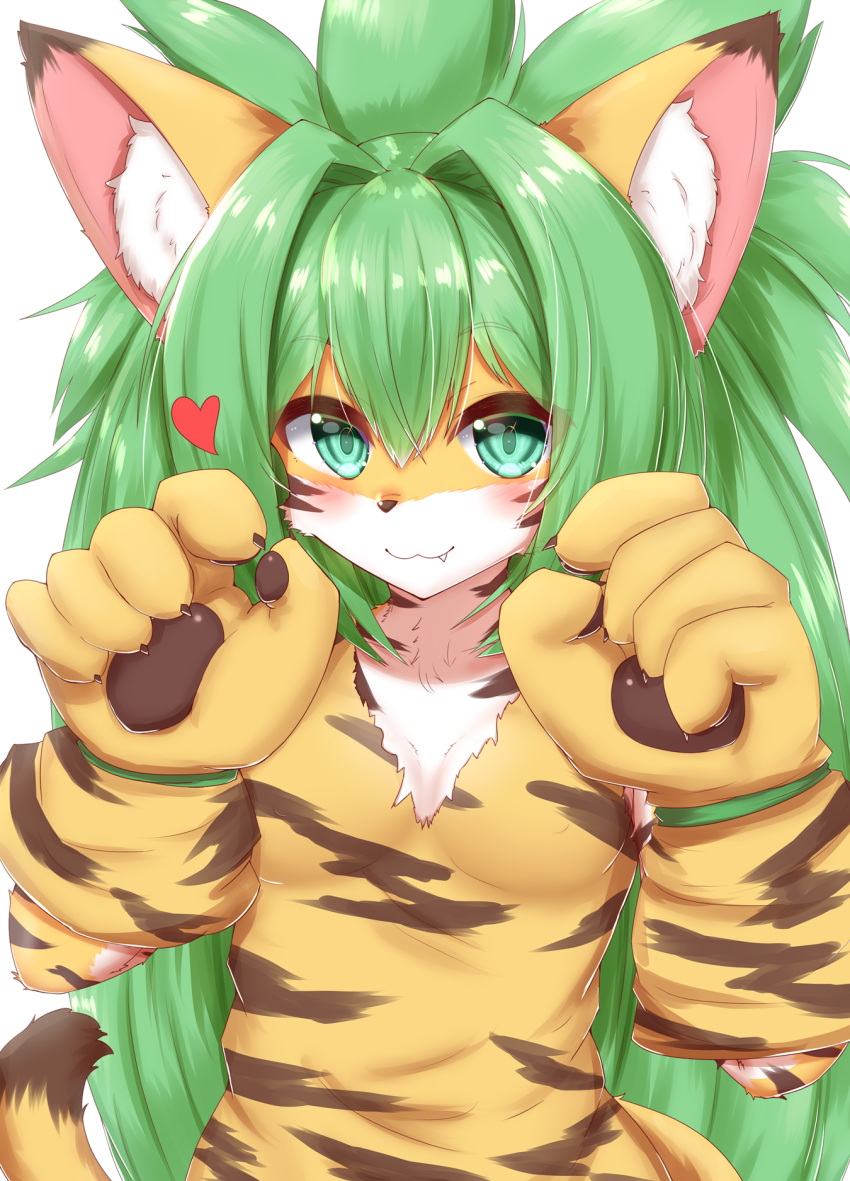 &lt;3 2021 5_fingers alternate_species anthro blush breasts brown_body brown_fur brown_nose cham_cham claws clothed clothing cute_fangs dipstick_ears dipstick_tail felid female fingers fur furrification gloves green_eyes green_hair hair half-length_portrait handwear hi_res horokusa0519 inner_ear_fluff kemono long_hair looking_at_viewer mammal multicolored_ears multicolored_tail pantherine paw_gloves pawpads portrait pupils samurai_shodown simple_background slit_pupils smile solo tiger topwear translucent translucent_hair tuft video_games white_background white_body white_fur yellow_body yellow_fur