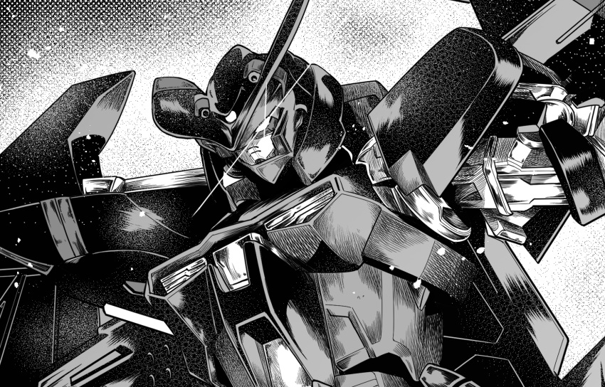 extra_eyes glowing glowing_eye gundam gundam_astray_gold_frame_amatsu_mina_custom gundam_seed gundam_seed_astray hg_ni_koisuru_futari highres kudou_makoto looking_down mecha mobile_suit monochrome no_humans science_fiction solo upper_body