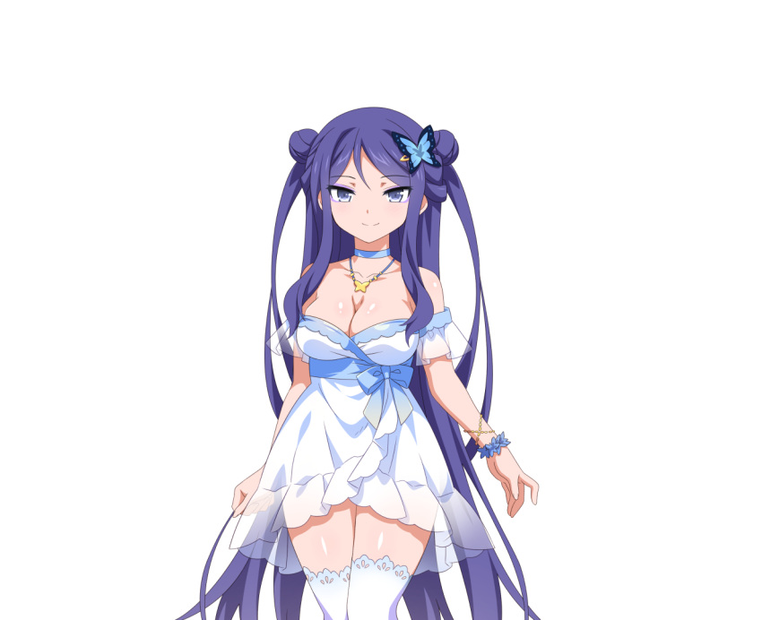 1girl bracelet breasts butterfly_hair_ornament choker cleavage closed_mouth cowboy_shot double_bun dress eyeliner hair_ornament hairclip jewelry large_breasts long_hair makeup necklace non-web_source purple_eyes purple_hair sakura_succubus short_dress sidelocks simple_background smile solo strapless strapless_dress tachi-e thighhighs transparent_background two_side_up very_long_hair wanaca white_dress