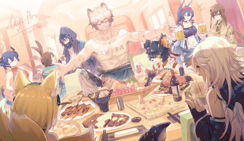 +++ 3boys 6+girls aak_(arknights) amiya_(arknights) animal_ears arknights ayerscarpe_(arknights) blaze_(arknights) blonde_hair blue_hair brown_hair bunny_ears cat_ears ch'en_(ageless_afterglow)_(arknights) ch'en_(arknights) chopsticks closed_eyes clothes_writing commentary_request crocodilian_tail dated doctor_(arknights) dog_ears dragon_horns female_doctor_(arknights) fish_head floppy_ears food fox_ears fox_tail furry gloves grin hands_together highres hood horns jaye_(arknights) long_hair long_sleeves midriff multiple_boys multiple_girls multiple_tails navel nejikyuu open_mouth partially_fingerless_gloves pointy_ears shirt short_sleeves signature sleeveless smile sushi suzuran_(arknights) tail tomimi_(arknights) very_long_hair white_hair white_shirt