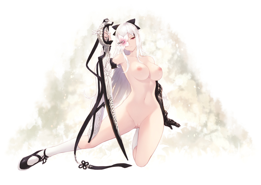 breasts cait elbow_gloves gloves kneehighs long_hair nipples nude pussy red_eyes sword tagme_(character) uncensored weapon white_hair