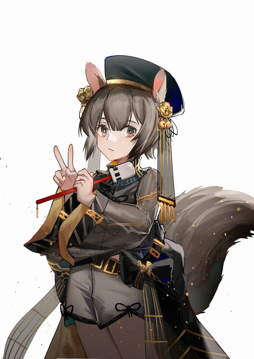 1girl animal_ears arknights bangs bell belt belt_buckle black_headwear blush bright_pupils brown_eyes brown_hair buckle closed_mouth cowboy_shot flower hair_bell hair_flower hair_ornament highres jingle_bell long_sleeves looking_at_viewer mallet_(instrument) official_alternate_costume rose see-through shaw_(arknights) short_hair shorts simple_background smile solo squirrel_ears squirrel_girl squirrel_tail tail v waist_cape white_background white_shorts wide_sleeves yellow_flower yellow_rose yuuki_mix