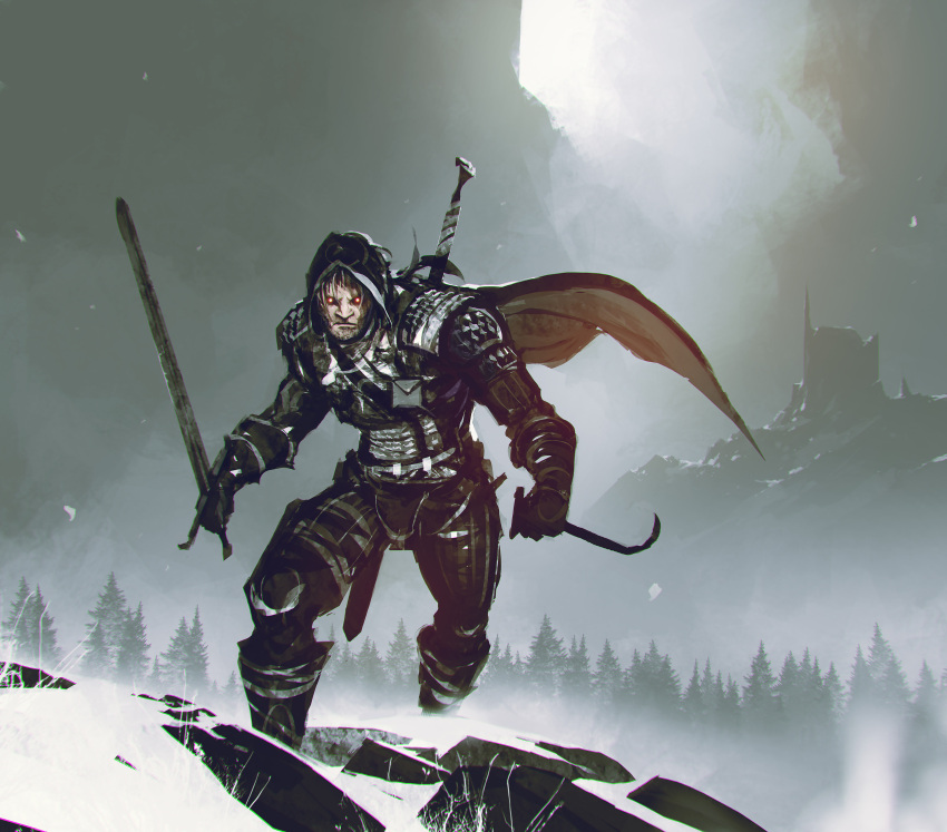 1boy absurdres beard brown_gloves brown_hair brown_pants cape commentary english_commentary facial_hair fog forest geralt_of_rivia gloves glowing glowing_eyes highres holding holding_sword holding_weapon hood hood_up hooded_cape kalmahul long_sleeves looking_at_viewer nature outdoors pants scenery short_hair snow snowing solo standing striped striped_pants sword the_witcher_(series) the_witcher_3 tree weapon weapon_on_back