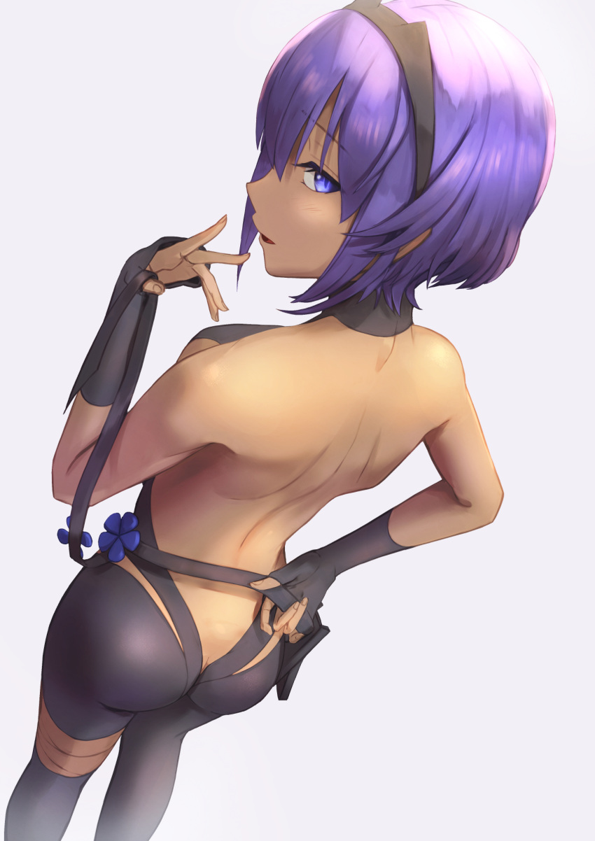 1girl announ_(kurotya) back bangs bare_shoulders belt black_gloves black_hairband black_leotard breasts butt_crack commentary_request dark_skin dark_skinned_female eyebrows_visible_through_hair fate/grand_order fate/prototype fate/prototype:_fragments_of_blue_and_silver fate_(series) fingerless_gloves fingernails flower gloves hair_between_eyes hairband hassan_of_serenity_(fate) highres leggings leotard looking_back open_mouth purple_eyes purple_hair short_hair sideboob solo white_background