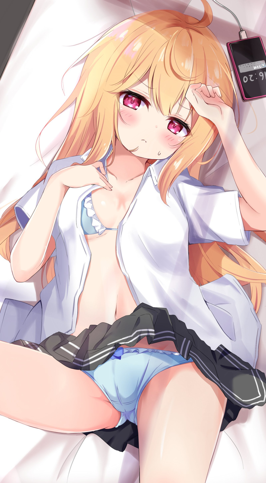 1girl absurdres blonde_hair blue_panties bra breasts cellphone charging_device highres microskirt nagomi_yayado open_clothes open_shirt original panties phone red_eyes shirt short_sleeves skirt small_breasts smartphone sweatdrop underwear white_shirt