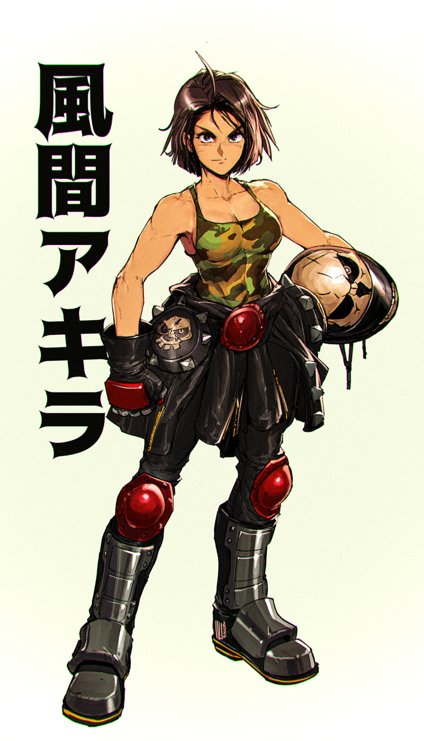 1girl ahoge armored_boots biker_clothes black_gloves boots breasts brown_eyes brown_hair camouflage camouflage_tank_top capcom cleavage clenched_hand clothes_around_waist commentary david_liu full_body furrowed_eyebrows gloves headwear_removed helmet helmet_removed highres holding holding_helmet jacket jacket_around_waist justice_gakuen kazama_akira knee_pads leather leather_pants light_smile pants pink_background revision short_hair skull small_breasts solo street_fighter street_fighter_v tank_top toned