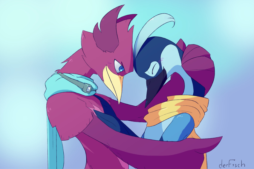 anthro avian beak blue_body blue_eyes blue_scarf blush bradshaw_(rivals_of_aether) derfisch duo embrace eyes_closed eyewear feather_hands feathers goggles hand_on_chest happy head_to_head male male/male purple_body rivals_of_aether romantic_couple scarf simple_background smile video_games wings wrastor yellow_scarf