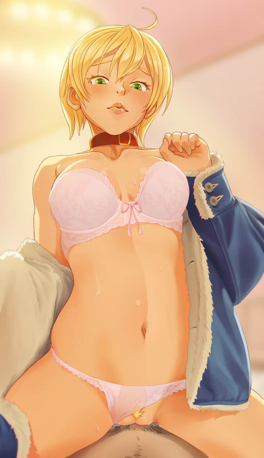 1boy 1girl absurdres blonde_hair blue_jacket blush bow bow_bra bra breasts choker clothed_sex collarbone cowgirl_position deep_penetration english_commentary female_pubic_hair fur_trim gintsu girl_on_top green_eyes happy_tears highres jacket lingerie lips looking_down male_pubic_hair medium_breasts mito_ikumi off_shoulder panties panties_aside pink_panties pov pubic_hair pubic_hair_peek pussy red_choker sex shokugeki_no_souma short_hair solo_focus straddling strapless strapless_bra tearing_up tears uncensored underwear undressing vaginal