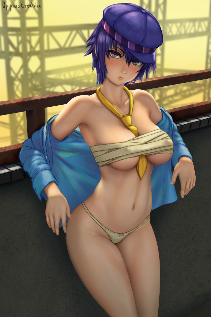 1girl androgynous blue_hair blue_jacket breasts cabbie_hat covered_nipples cowboy_shot grey_eyes hat highres jacket large_breasts leaning_back off_shoulder oppaiserothicc panties persona persona_4 pursed_lips railing sarashi shirogane_naoto short_hair solo steel_beam underwear wall white_panties yellow_background yellow_neckwear