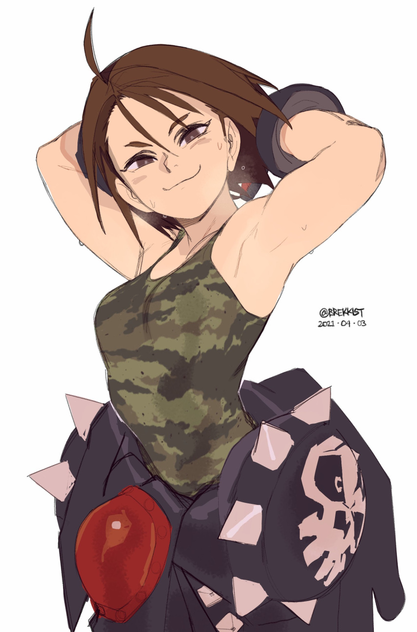 1girl absurdres ahoge armpits arms_behind_head arms_up biker_clothes breasts brekkist brown_eyes brown_hair camouflage_tank_top clothes_around_waist english_commentary highres justice_gakuen kazama_akira small_breasts smile solo street_fighter street_fighter_v sweat white_background