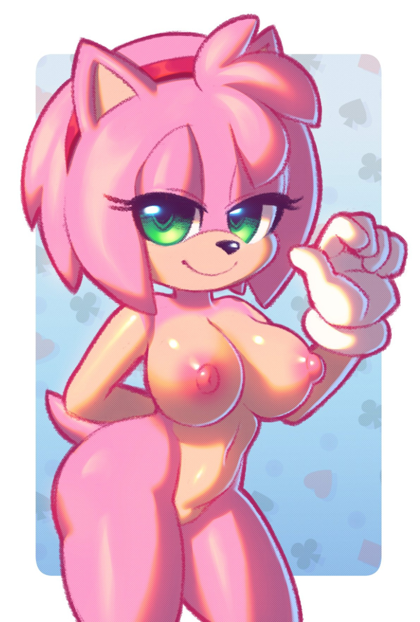 2021 5_fingers accessory amy_rose anthro areola breasts clothing eulipotyphlan featureless_crotch female fingers gloves green_eyes hair_accessory hairband half-closed_eyes handwear hedgehog hi_res mammal mostly_nude narrowed_eyes nipples nitro smile solo sonic_the_hedgehog_(series) video_games