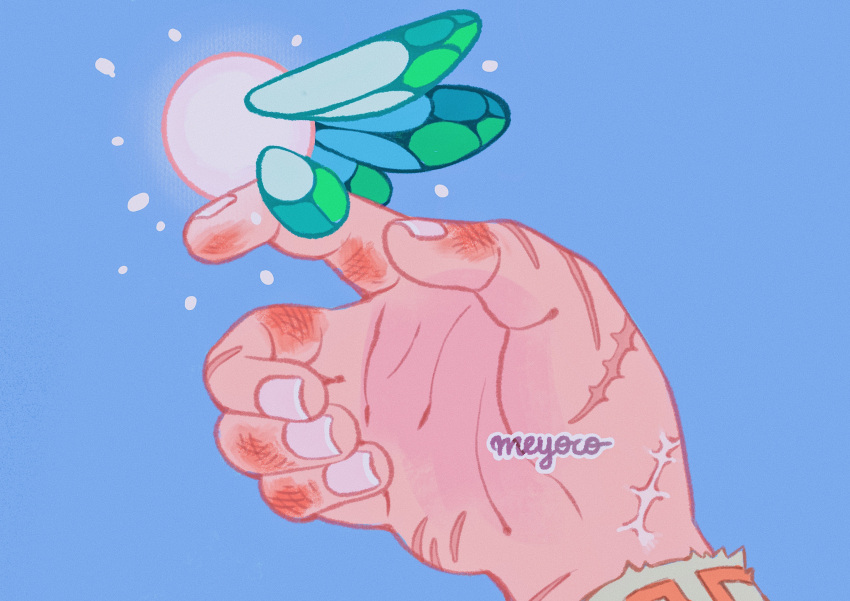 absurdres artist_name blue_background bruise english_commentary fairy fairy_wings hands highres injury link meyoco on_finger scar scar_on_hand simple_background the_legend_of_zelda wings