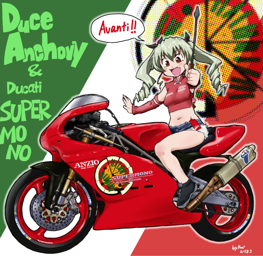 1girl :d anchovy_(girls_und_panzer) anzio_(emblem) artist_name background_text bangs black_footwear black_ribbon blue_shorts brown_eyes character_name commentary_request crop_top cutoffs dated denim denim_shorts detached_sleeves drill_hair ducati ducati_supermono emblem english_text eyebrows_visible_through_hair fang flag_background girls_und_panzer green_hair ground_vehicle hair_ribbon high_collar highres holding italian_flag italian_text konkon logo long_hair looking_at_viewer midriff motor_vehicle motorcycle on_motorcycle open_mouth red_shirt red_sleeves ribbon riding_crop shirt shoes short_shorts shorts signature skin_fang sleeveless sleeveless_shirt smile solo translated twin_drills twintails