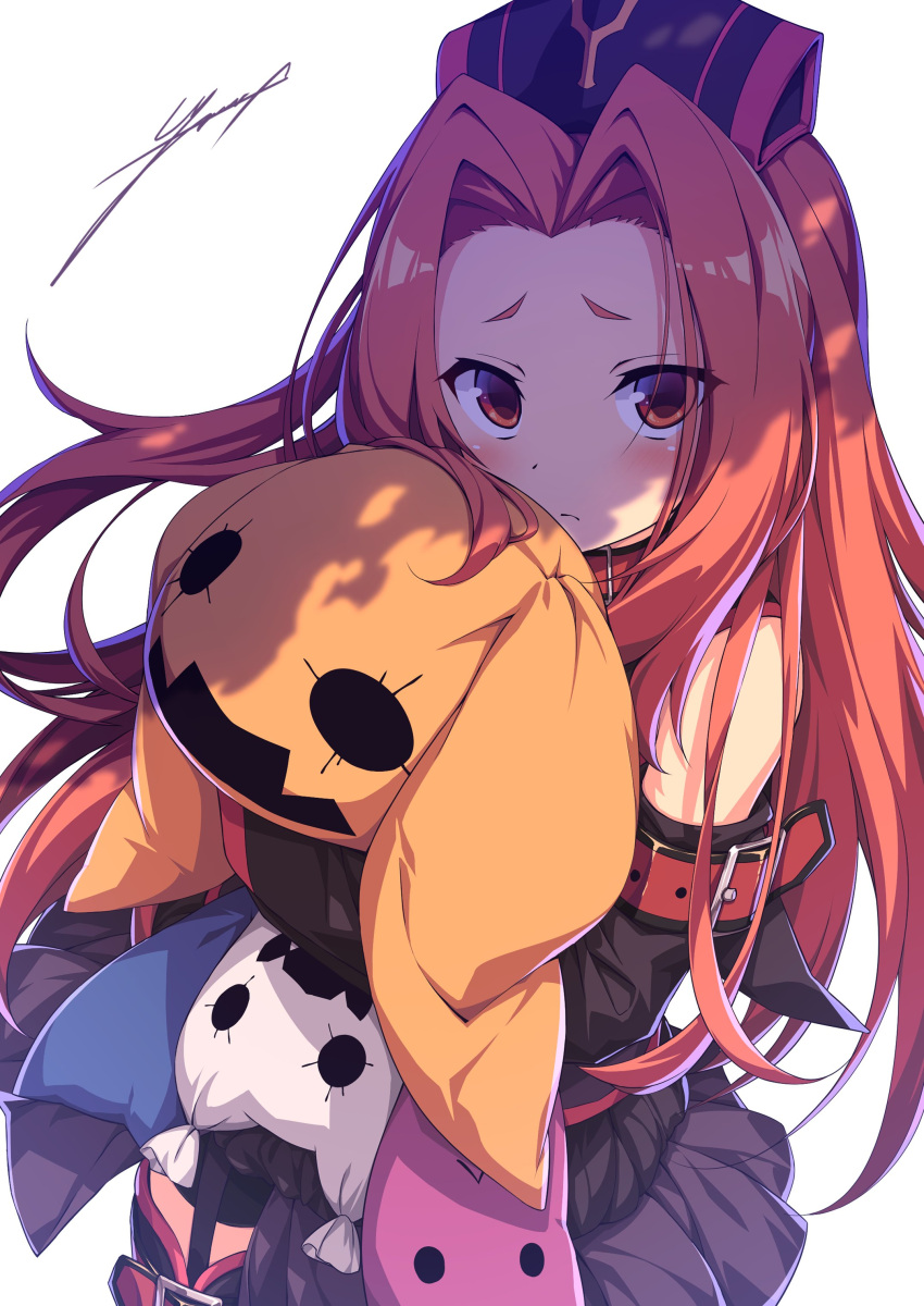 1girl absurdres arietta black_dress black_headwear blush brown_eyes brown_hair commentary doll_hug dress garter_straps hat highres long_hair long_sleeves looking_at_viewer short_eyebrows sidelocks signature solo stuffed_toy tales_of_(series) tales_of_the_abyss ugume white_background
