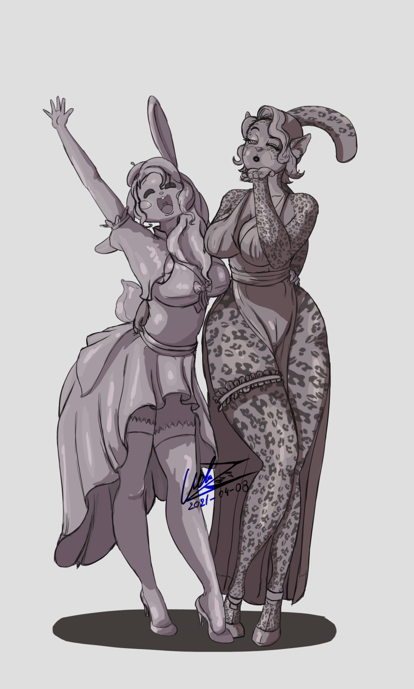 absurd_res anthro classy duo felid female female/female hi_res lagomorph leopard leporid mammal pantherine pinup pose rabbit walas21