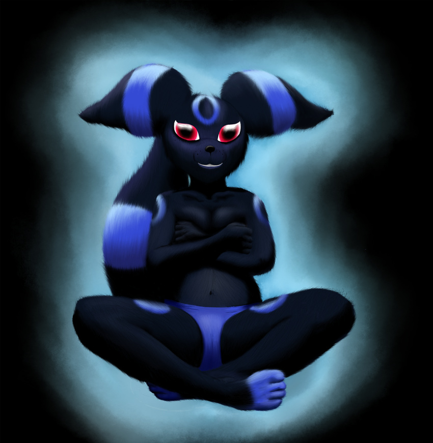 anthro anthrofied aura biped breasts cleavage clothed clothing crossed_legs dark dark_type digital_media_(artwork) digital_painting_(artwork) eevee eeveelution feet female from_front_position fur hand_on_breast hi_res holding_breast lettherebecolor lotus_(disambiguation) lotus_position mammal nintendo panties pinup pok&eacute;mon pok&eacute;mon_(species) pok&eacute;morph pokepeople portrait pose sex shiny_(disambiguation) shiny_pok&eacute;mon simple_background sitting smile solo tasteful_nude umbreon underwear video_games