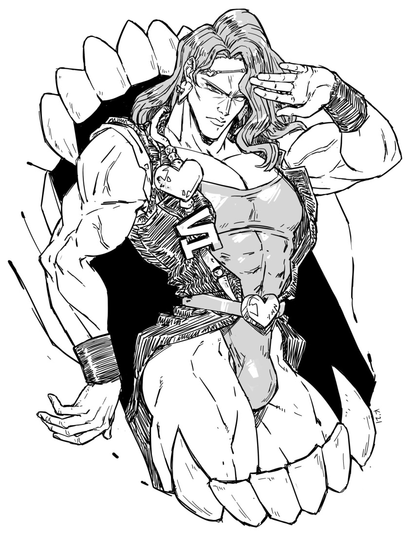 1boy abs arm_at_side arm_up bare_shoulders belt bulge closed_mouth cream_(stand) fangs greyscale heart highres jojo_no_kimyou_na_bouken long_hair looking_at_viewer male_focus mariel_cartwright monochrome muscular muscular_male pose serious sleeveless solo stand_(jojo) stardust_crusaders teeth vanilla_ice veins wristband