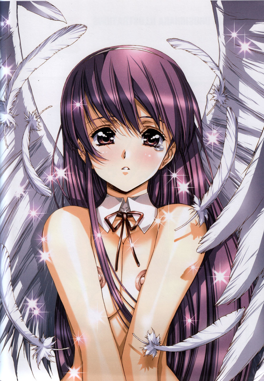 blush breasts copyright_request highres large_breasts looking_at_viewer solo tears urushihara_satoshi wings
