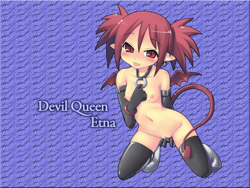 1280x960 blush collar devil_girl disgaea elbow_gloves etna gloves naughty_face nude red_hair tail thighhighs uncensored