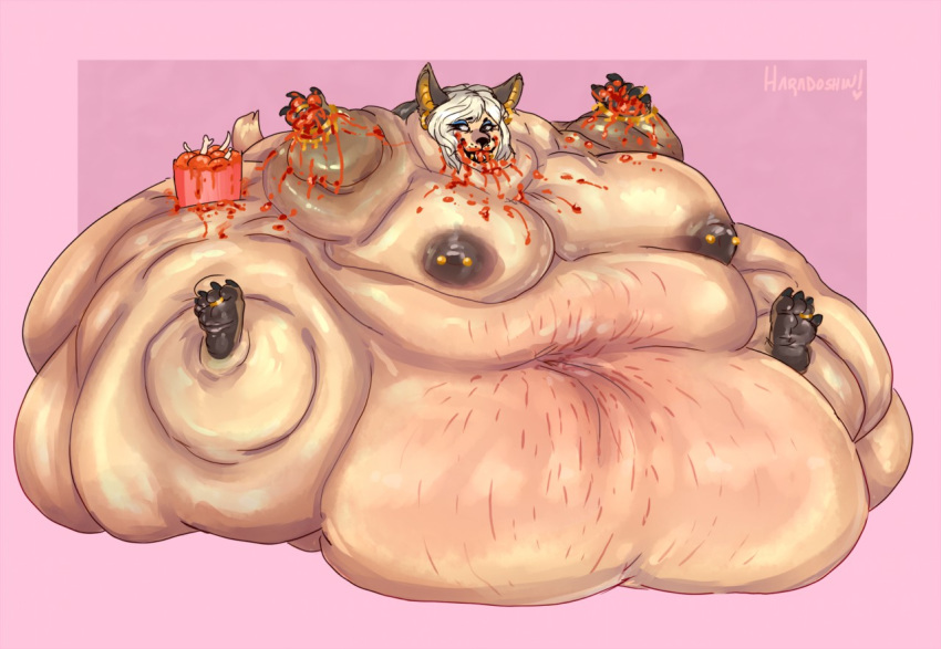 anthro anubian_jackal breasts canid canine canis digital_media_(artwork) dripdry female food fried_chicken hair haradoshin jackal jewlery makeup mammal messy messy_eater morbidly_obese nipple_piercing nipples nude obese overweight piercing simple_background slob solo