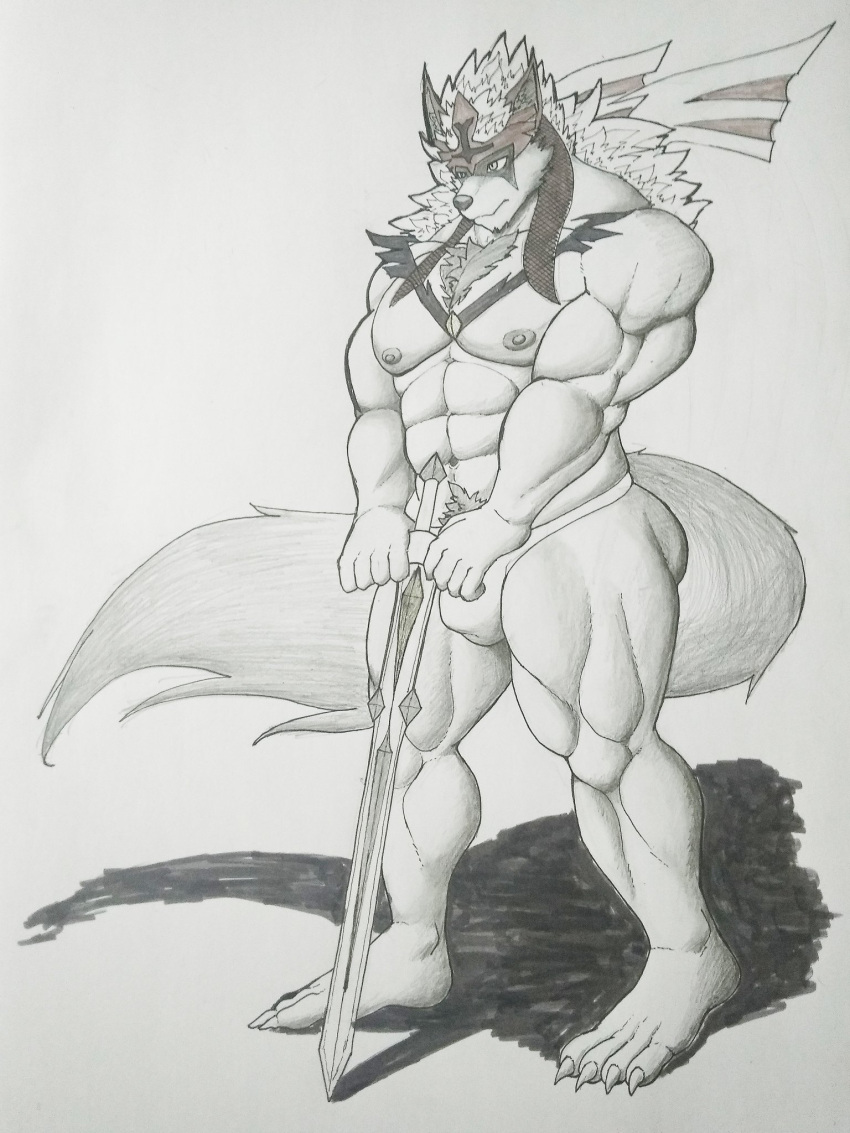 3:4 4_toes abs anthro anthrofied body_hair bulge chest_hair claws clothed clothing crowned_sword_zacian feet fur headgear hi_res holding_object holding_sword holding_weapon koffisusu69 legendary_pok&eacute;mon male melee_weapon muscular muscular_anthro muscular_male nintendo nipples pecs pok&eacute;mon pok&eacute;mon_(species) pok&eacute;morph pubes simple_background solo standing sword toe_claws toes topless traditional_media_(artwork) underwear video_games weapon zacian