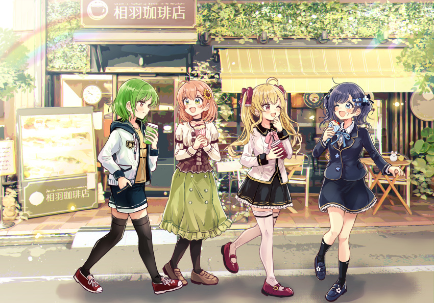 4girls ;d ahoge aiba_uiha bangs black_jacket black_legwear black_shorts black_skirt blazer blonde_hair blue_eyes blue_flower blue_footwear blue_hair blue_ribbon blush braid braided_bangs brown_footwear brown_hair closed_mouth collared_shirt commentary_request crepe cup day disposable_cup drawstring dress_shirt eye_contact eyebrows_visible_through_hair flower food food_on_face frilled_skirt frills green_eyes green_hair green_skirt hair_flower hair_ornament hand_in_pocket highres holding holding_cup holding_food honma_himawari hood hood_down hooded_jacket jacket juliet_sleeves kitakouji_hisui loafers long_hair long_sleeves looking_at_another multiple_girls neck_ribbon nijisanji official_art one_eye_closed open_clothes open_jacket open_mouth outdoors pantyhose pleated_skirt puffy_sleeves purple_eyes red_footwear ribbon sakura_oriko school_uniform shirt shoes short_shorts shorts skirt smile socks standing standing_on_one_leg sunflower sunflower_hair_ornament sweater_vest takamiya_rion thighhighs translation_request twintails very_long_hair virtual_youtuber white_jacket white_legwear white_shirt yellow_flower yellow_shirt
